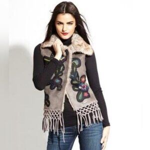 Desigual Faux Suede Fur‎ Lined Floral Embroidered Crochet Macrame Boho Vest Sm